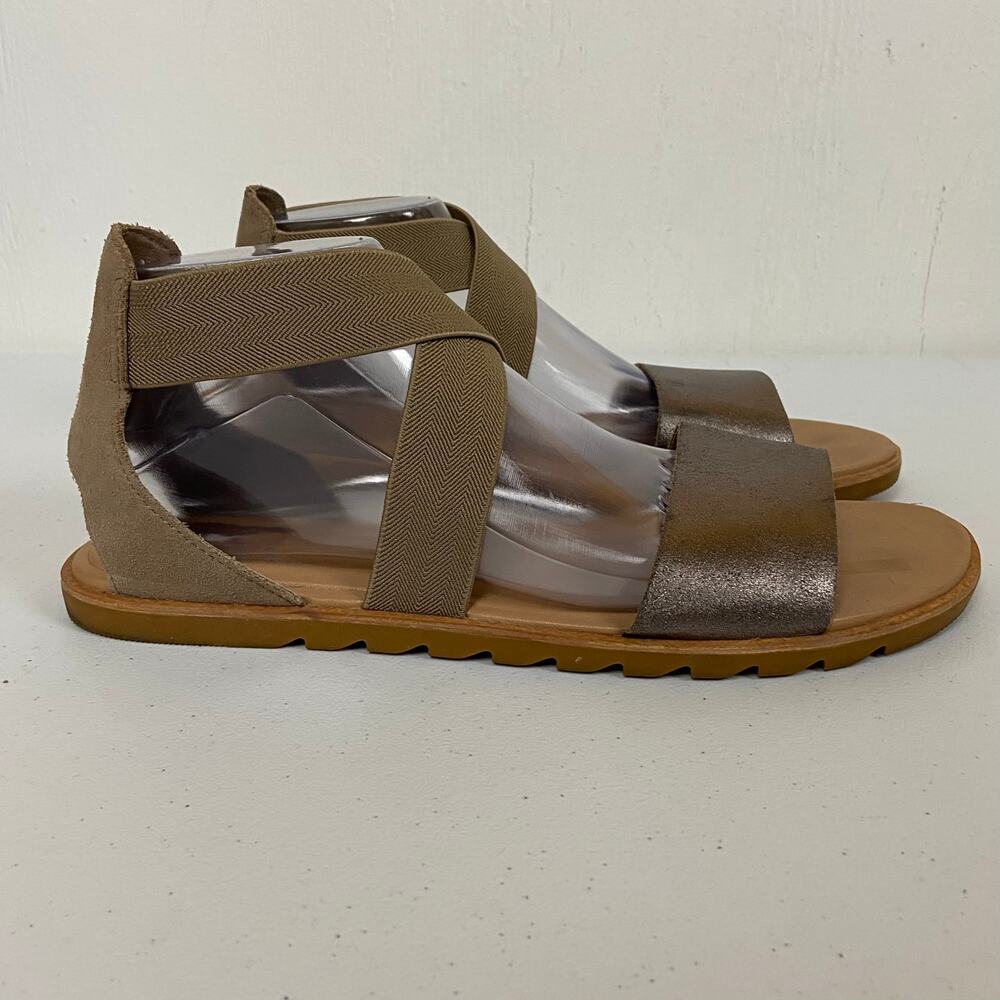 Sorel Women's Ella II Ash Brown Leather Flat Sandal Shoes Criss Cross Size 11